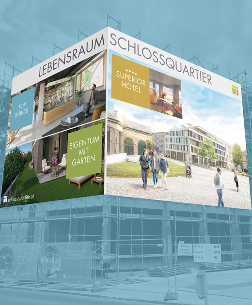 Fassadentransparent zeigt das Quartier Wohnen, Büro, Hotel