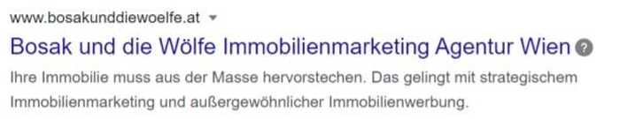 URL, Title-Tag und Meta-Description von Bosak und die Wölfe